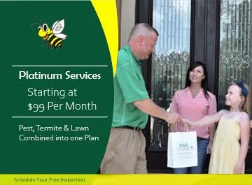 Man handing a package to a family in front of a house. Advertising pest control services, starting at $99 per month.